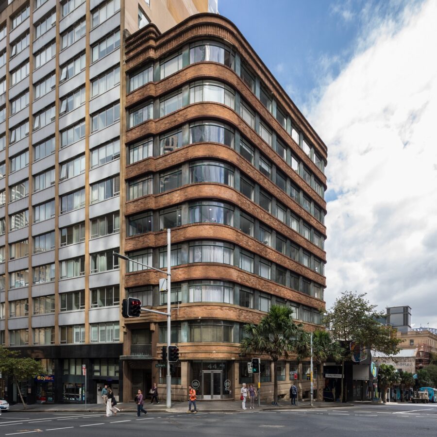 Corner street view of 44 Bridge Street with view of Sydney Harbour Bridge in background